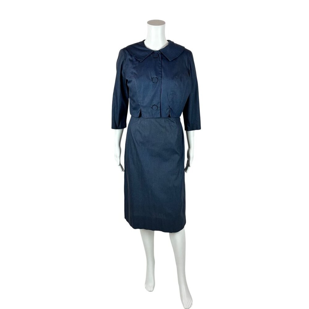 Vintage 50s Dress Set Womens Small Peter Pan Collar Navy Blue Pencil Outfit